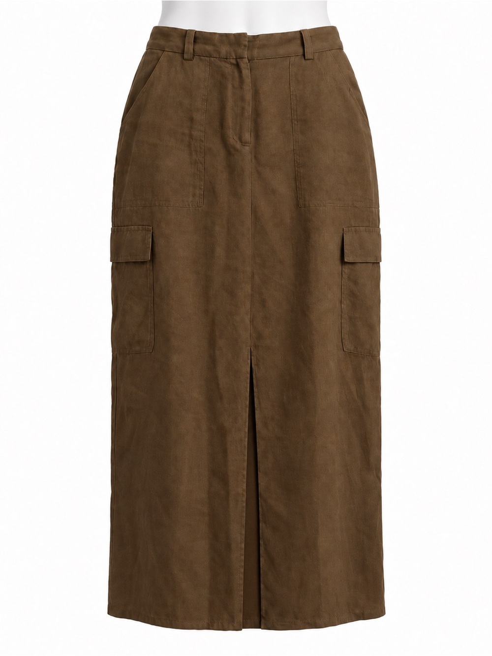 Size 10 Magaschoni Women’s 100% Linen Brown Cargo Maxi Skirt Front Slit Pockets